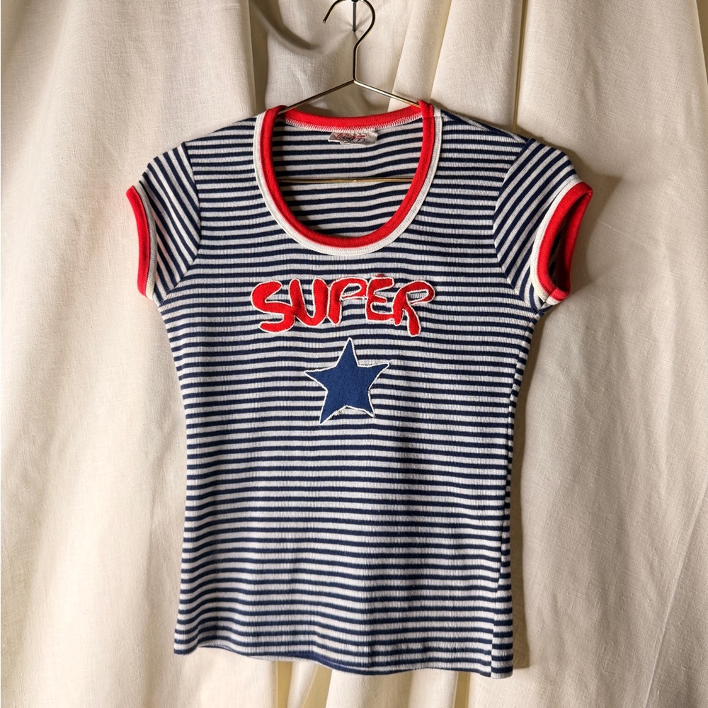 Striped ‘Baby Tee’ Super Star Shirt Red White Blue 90s 70s Adult XS